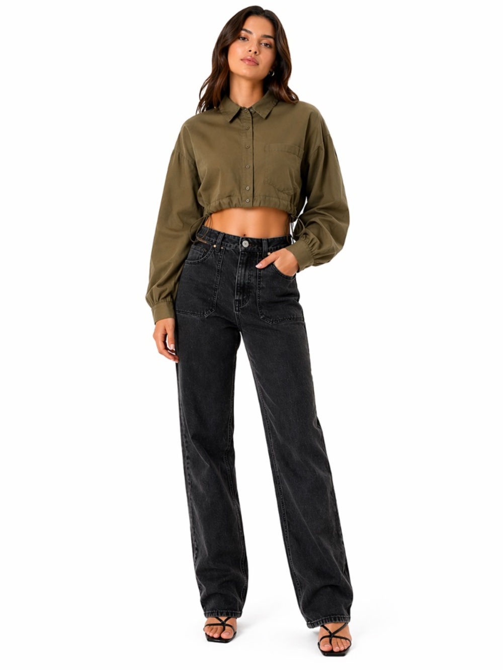Grand Station NY Manhattan Olive Cropped Button-Down Shirt – Size Large EUC